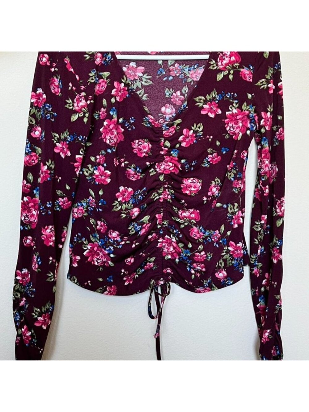 Bershka burgundy floral long sleeve top with tie detail Size S #floral #burgundy